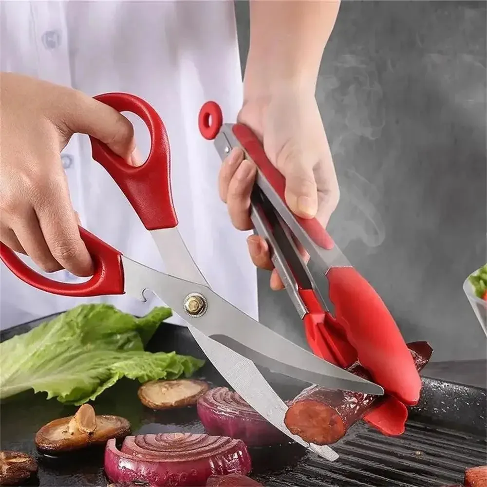 Korean Kitchen Gadgets - ชุดกรรไกรบาร์บีคิวสแตนเลสพร้อมที่หนีบอาหารซิลิโคน อุปกรณ์ครัว ชุดกรรไกรและที่หนีบอาหารสำหรับตั้งแคมป์ปิ้งกลางแจ้ง ชุดบาร์บีคิวสไตล์เกาหลีสำหรับใช้ในบ้าน